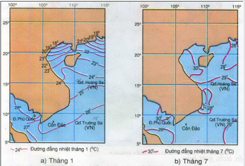 Hình 24.2. Lược đồ phân bố nhiệt độ nước biển tầng mặt
