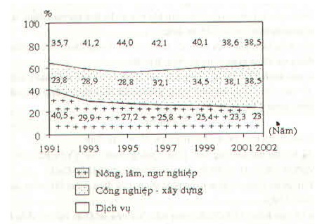 Biểu đồ thể hiện cơ cấu GDP thời kì 1991-2002