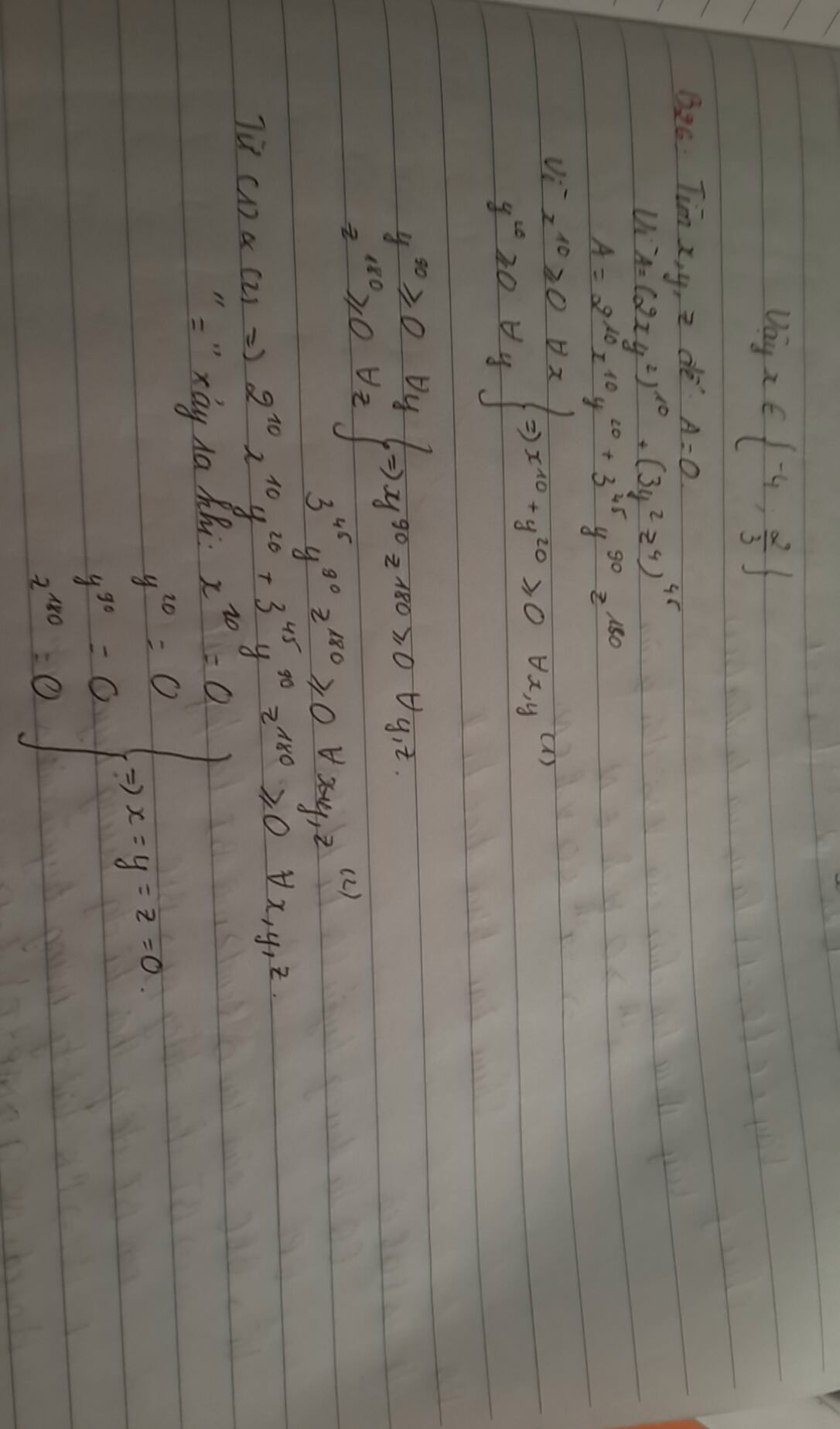 Tìm x,y,z sao cho A= (2xy2)10+(3y2z4)45 có giá trị bằng 0 Giúp mình với mình đang cần gấp!!! 