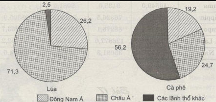 Biểu đồ so sánh sản lượng lúa, cà phê của khu vực Đông Nam Á và Châu Á so với thế giới, năm 2000 (%)