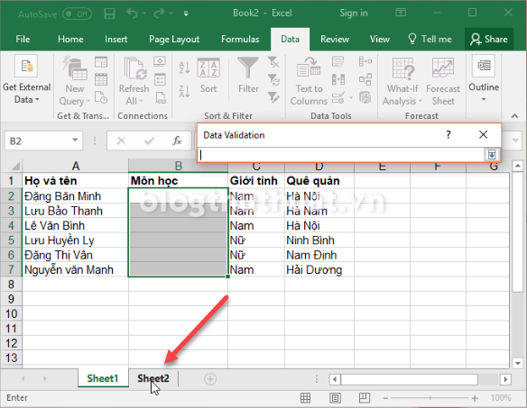 Tạo danh sách xổ xuống (Drop-down list) để chọn trong Excel